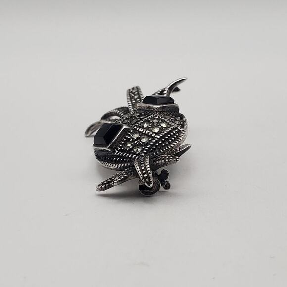 925 Sterling Silver Vintage Black Onyx & Marcasite Pineapple Art-Deco Pin Brooch - Picture 2 of 11